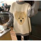 Round-neck Color-block Bear Printed Over-sized Sweater As Shown In Figure - One Size