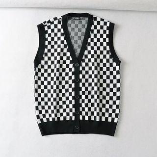 Checkered Button-up Sweater Vest