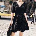 Elbow-sleeve A-line Knit Dress Black - One Size