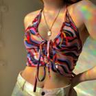 Halter-neck Marble Print Drawstring Cropped Camisole Top