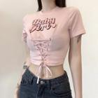 Lettering Print Lace-up Short-sleeve Crop Top