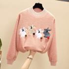 Rabbit Embroidered Pom Pom Fleece Sweatshirt