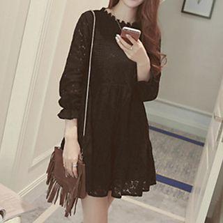 Frilled Trim Long-sleeve Lace Dress