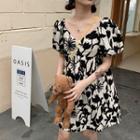Short-sleeve Floral Print V-neck A-line Dress