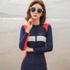 Set: Plain Tankini + Long-sleeve Contrast Trim Zip Rashguard + Swim Shorts + Swim Pants