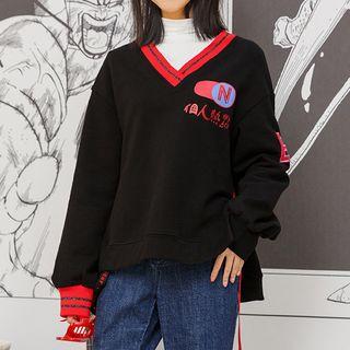 Color-block Printed V-neck Fleece-lined Pullover