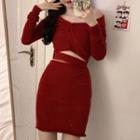 Long-sleeve Off-shoulder Cropped Knit Top / Mini Fitted Skirt