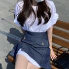 Set: Short-sleeve Frill Trim Blouse + Mini Denim Pencil Skirt