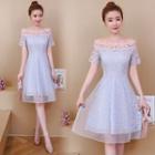 Short-sleeve Organza Overlay A-line Lace Dress