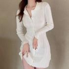 Collared Long-sleeve Mini Knit Sheath Dress White - One Size