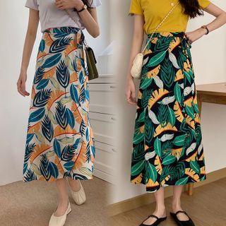 Leaf Print Chiffon Midi A-line Skirt