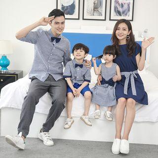 Family Matching Elbow-sleeve Plaid Shirt / Sleeveless Plaid Dress / Sleeveless Dress / Suspender Pants / Suspender Shorts / Set