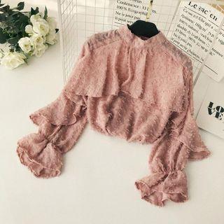 Ruffle Mock Neck Sheer Chiffon Blouse
