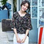 Elbow-sleeve Ruffled Floral Top