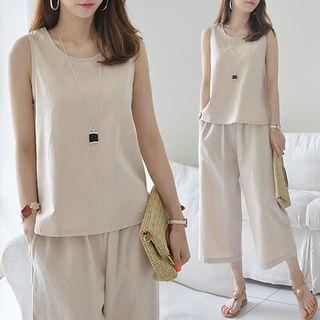 Set: Sleeveless Linen-blend Top + Band-waist Pants
