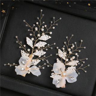 Wedding Rhinestone & Bead Hair Clip 1 Pair - White & Gold - One Size