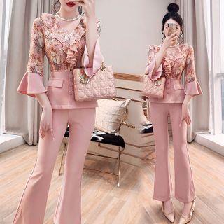 Flare-sleeve Floral Print Blouse / Dress Pants