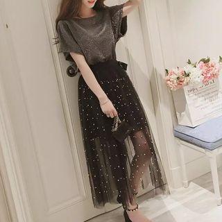 Set: Short-sleeve Mini T-shirt Dress + Maxi Mesh Skirt