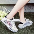 Embroidered Paneled Lace-up Canvas Sneakers