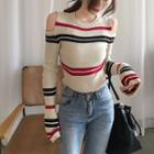 Cold Shoulder Striped Long-sleeve Knit Top Almond - One Size