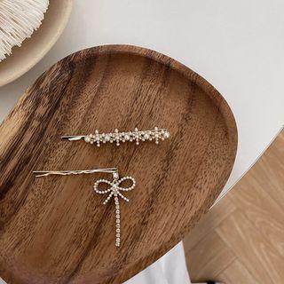 Set: Faux Pearl Hair Pin + Rhinestone Bow Hair Pin Set - Gold - One Size