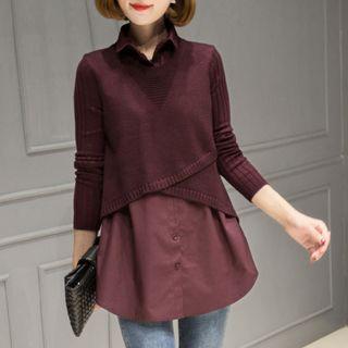 Mock-two-piece Long-sleeve Paneled Blouse