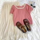 Short-sleeve Contrast Trim Knit Top / Lace Midi Skirt