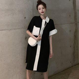 Two-tone Short-sleeve Asymmetric Shift Dress As Shown In Figure - One Size