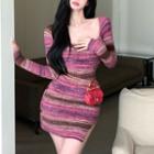 Long-sleeve Knit Bodycon Dress Purple - One Size