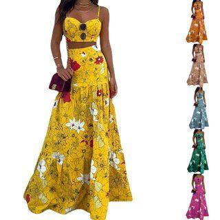 Set: Floral Print Bralette + Maxi A-line Skirt