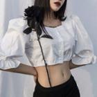 Elbow-sleeve Frill Trim Buttoned Cropped Top