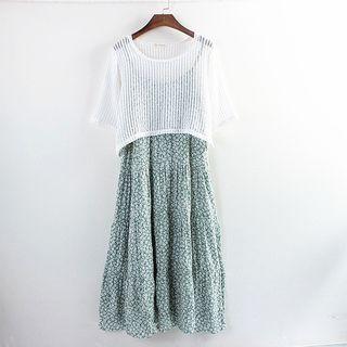 Set: Sheer Short-sleeve Top & Floral Print Spaghetti Strap Dress / Floral Print Spaghetti Strap Dress