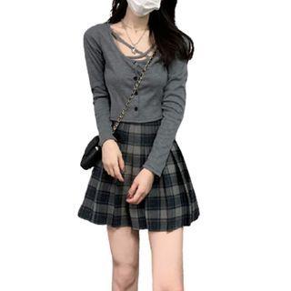 Long-sleeve Button-up Top / Plaid Mini Skirt