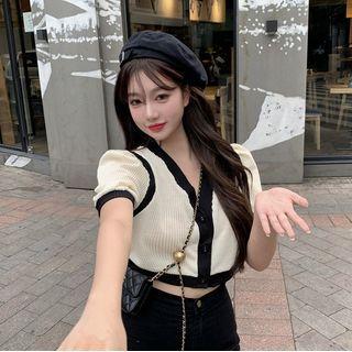 Puff-sleeve Contrast Trim Knit Cardigan