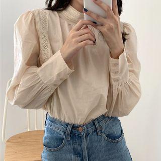 Long-sleeve Lace Panel Top Beige - One Size