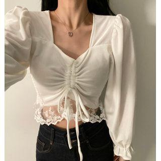 Lace Trim Drawstring Crop Blouse