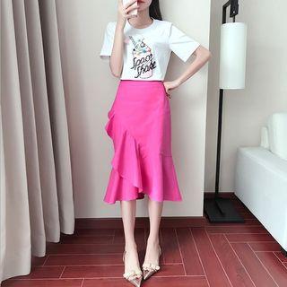 Set: Printed Short-sleeve T-shirt + Ruffled Midi Skirt