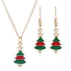 Set: Christmas Tree Glaze Pendant Alloy Necklace + Dangle Earring Set - Red & Green & Gold - One Size