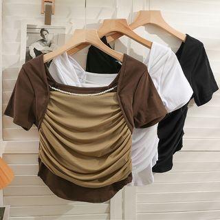Patchwork Off-shoulder Ruched Crop Top