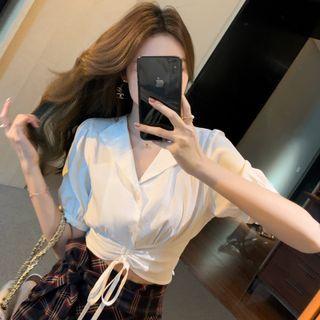 Short Sleeve Drawstring Chiffon Crop Blouse