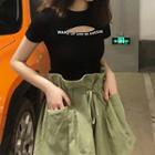 Set:lettering Print Cut Out Short-sleeve T-shirt+lave-up Loose-fit Shorts