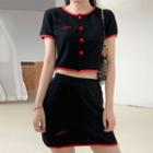 Set: Letter Embroidered Short-sleeve Knit Top + Mini Skirt