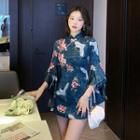 Set: Elbow-sleeve Floral Print A-line Dress + Shorts