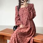 Long-sleeve Floral Printed Square-neck Dress