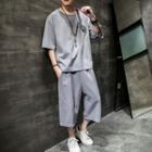 Set: Short-sleeve Monster Embroidered T-shirt + Capri Straight-cut Pants