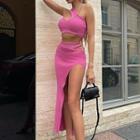 Set: Plain One-shoulder Crop Top + Plain Side-slit Midi A-line Dress