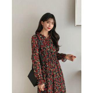 Half-placket Ruffled Floral Long Shirtdress