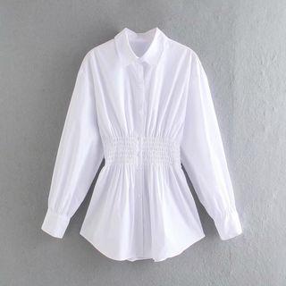 Long-sleeve Plain Shirred Shirt