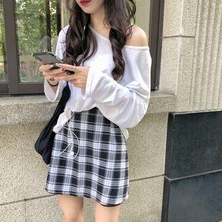 Long-sleeve Cold Shoulder T-shirt / Plaid A-line Mini Skirt
