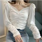 Long-sleeve Faux Pearl Chain Off-shoulder Ruffled Blouse